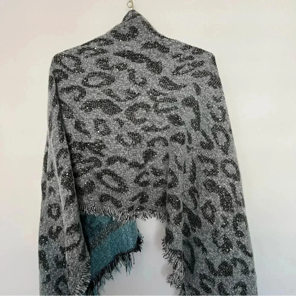 INC International Concepts Leopard Print Sequin Wrap Scarf Gray Black Blue